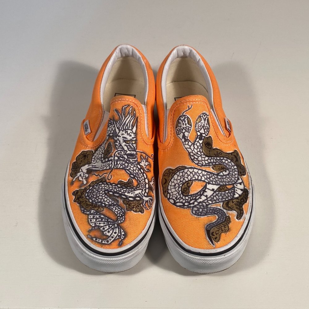 Vans Custom Painted Dragon Snake Orange Canvas Slip on Sneakers Women Size 7 - Picture 4 of 10